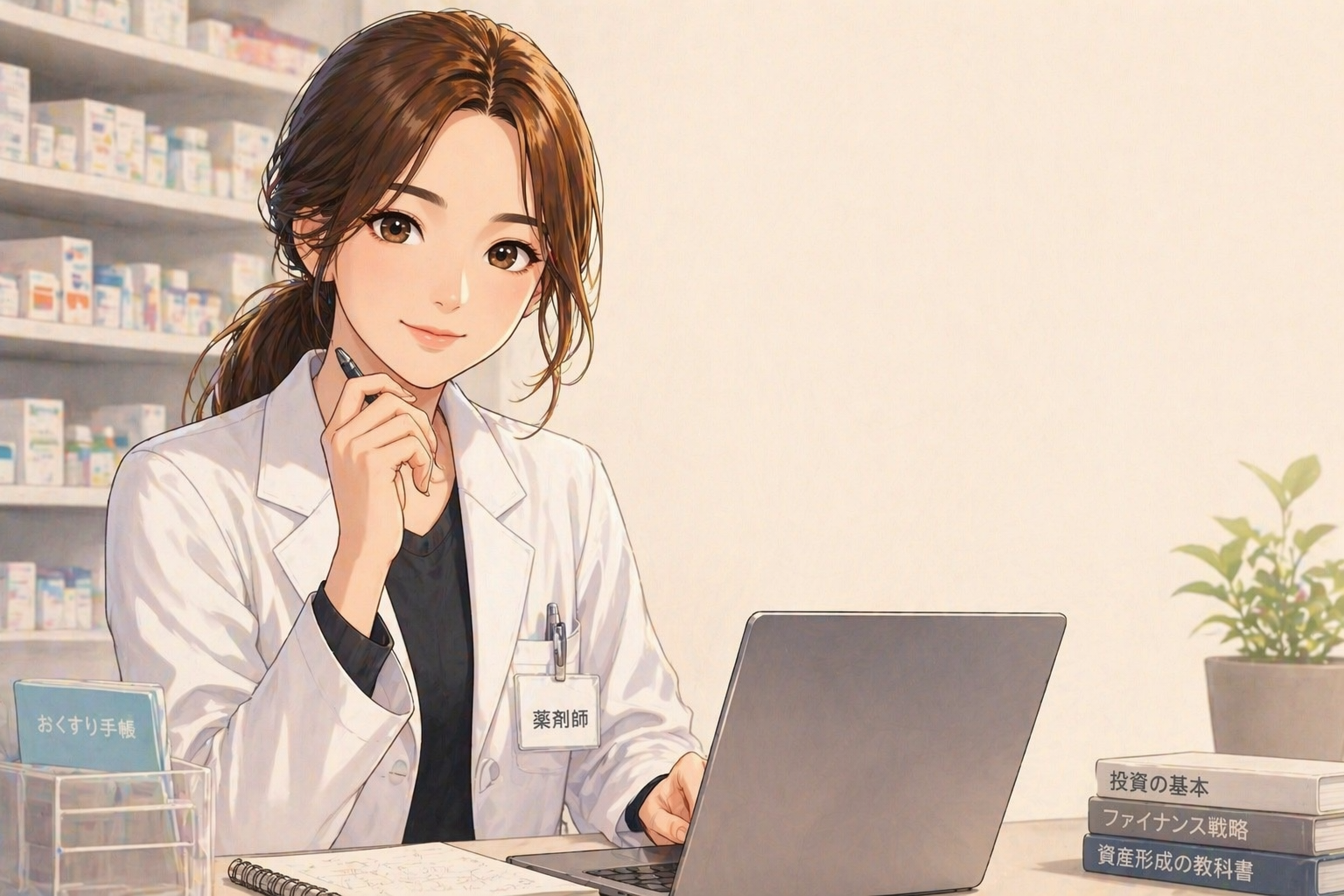 お盆の薬局で調剤する薬剤師コムギ